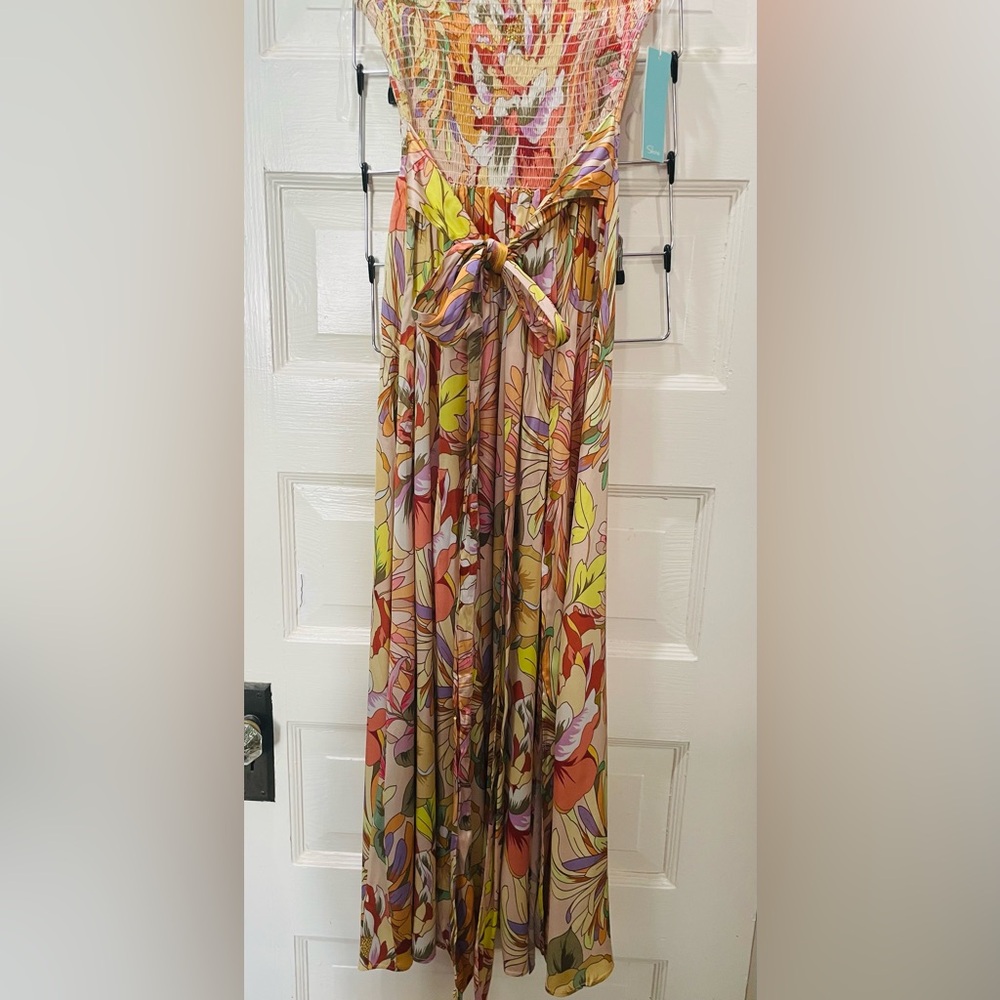 Floral Satin Maxi Dress/swim Coverup with Bow Detail, Size Large.